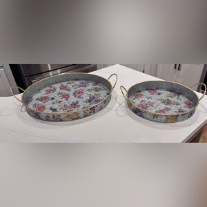 Floral Metal Serving Trays with Gold Handles